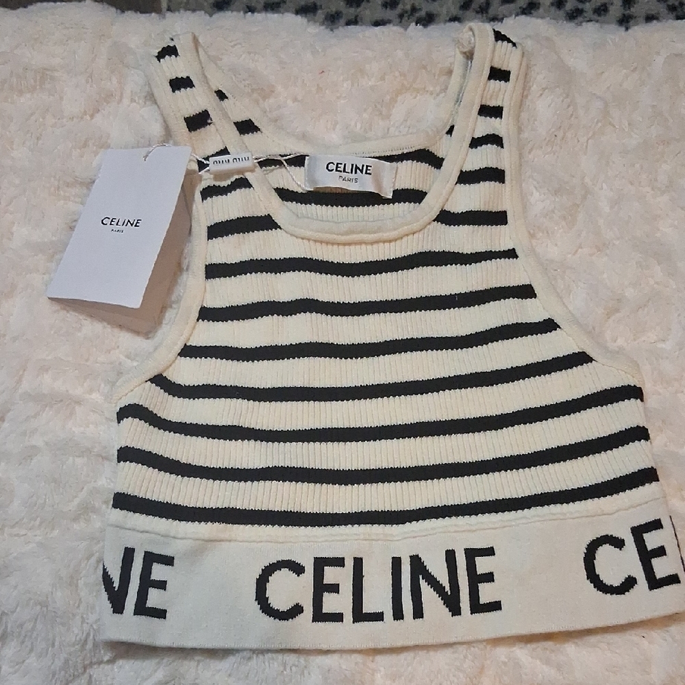 NWT Womens Celine Black and White Striped Crop Tank Top